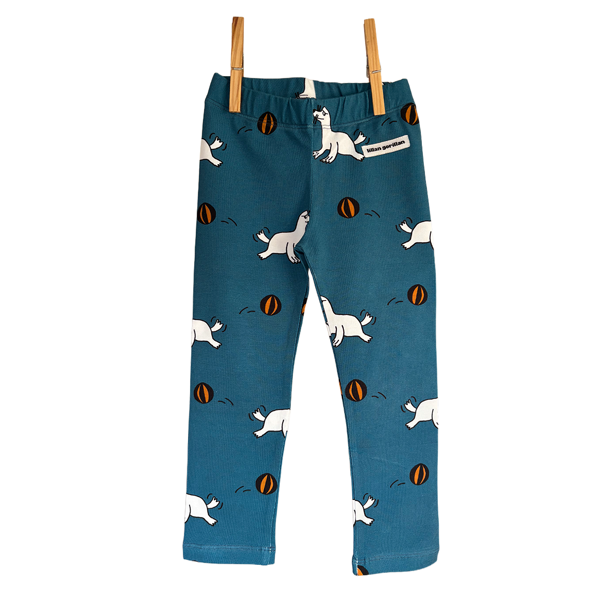 Blue leggings with seal who escaped the circus