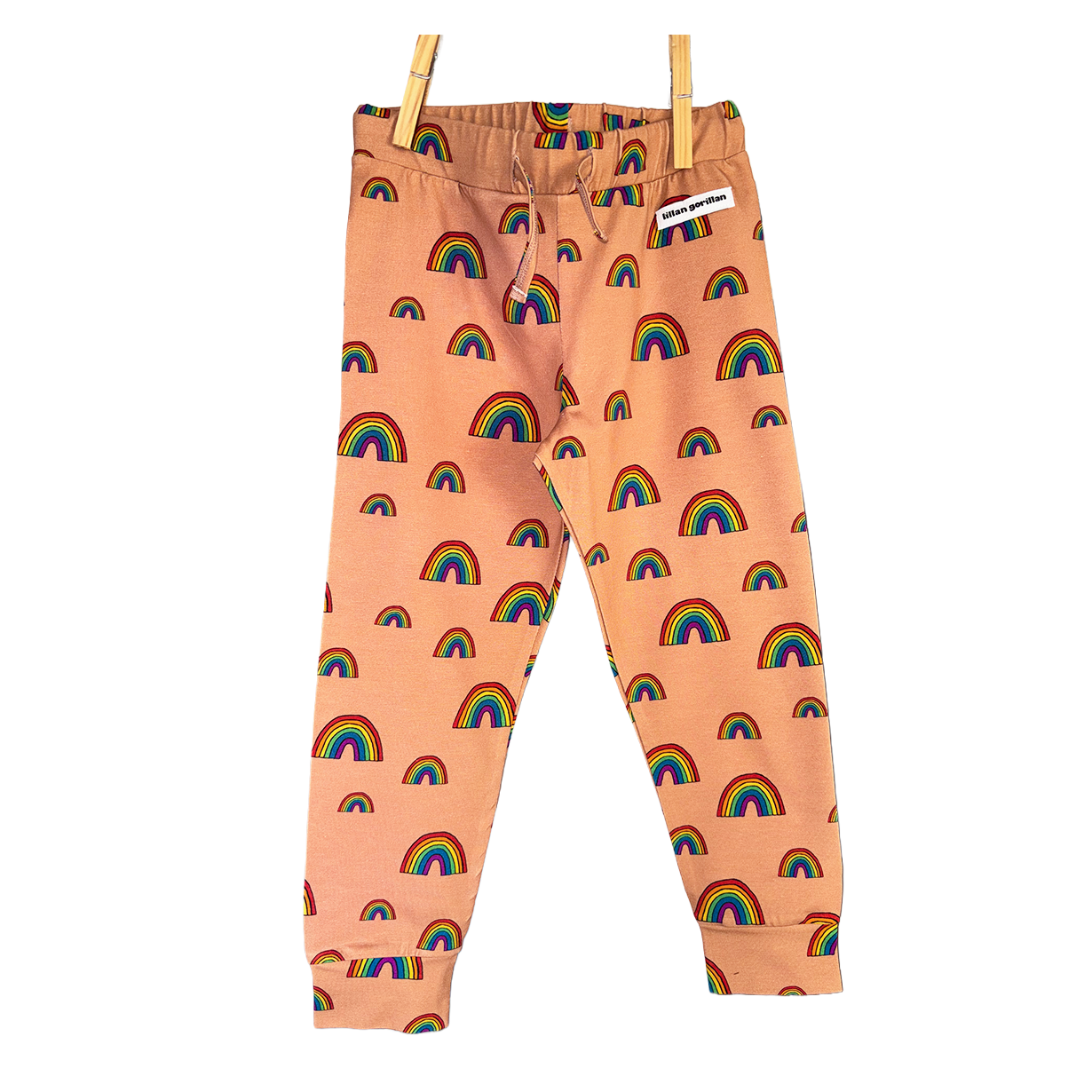 Organic cotton 'muted clay' joggers with rainbows